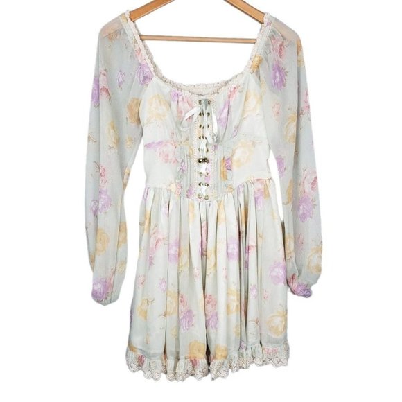 Liz Lisa Green Floral Lace Up Sheer Mini Dress Lolita Cottagecore Kawaii Small - Picture 3 of 8